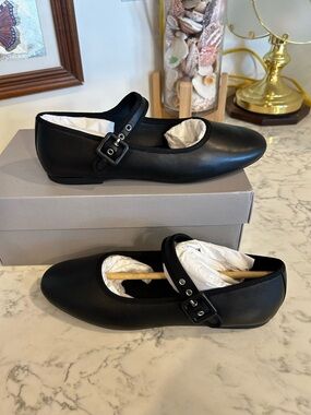 NWT Everlane Black Soft Leather The Day Buckle Mary Jane Flat Shoes Size 7
